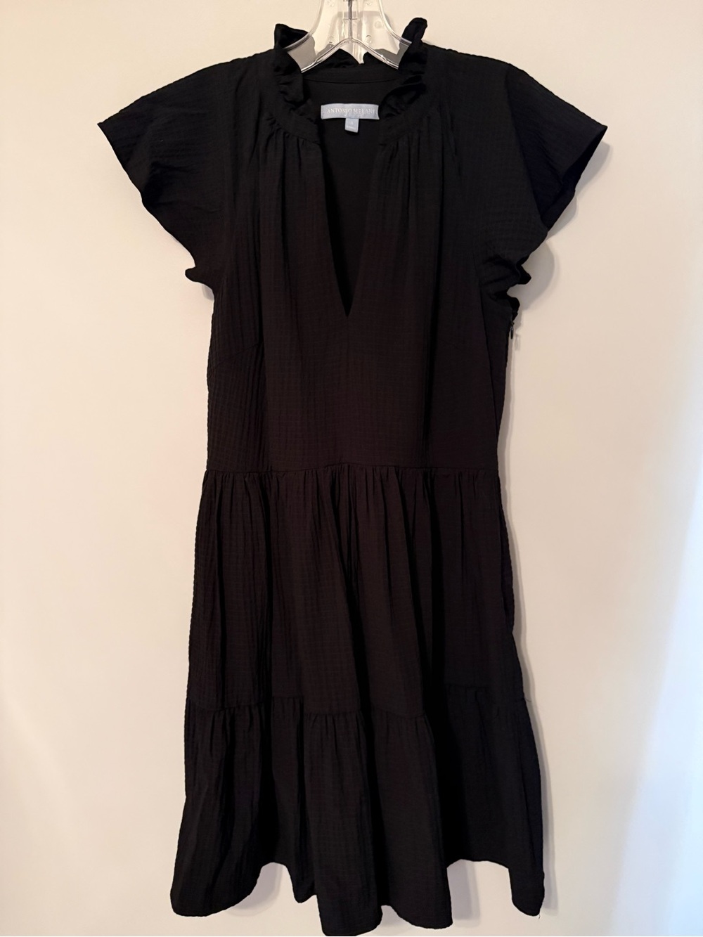 ANTONIO MELANI Black Ruffle Neck Tiered Midi Dress